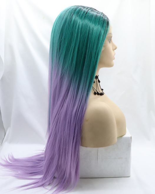Gradiente verde púrpura cabello recto cabello largo fabricantes al por mayor fibra química de alta temperatura peluca LW0272