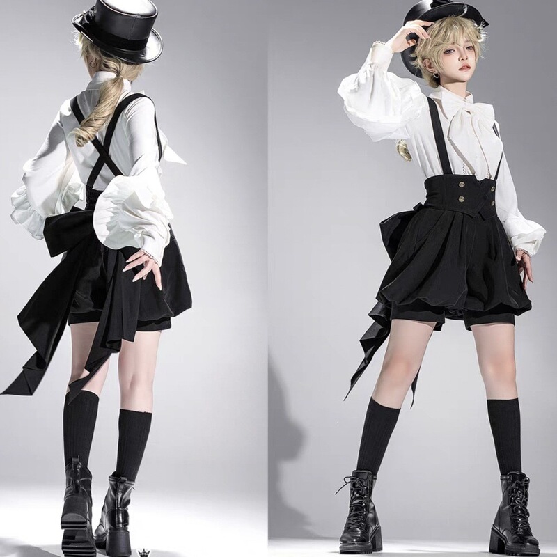 Retro elegant dark cute Lolita prince-style shirt and shorts two-piece set with college-style suspender skirt