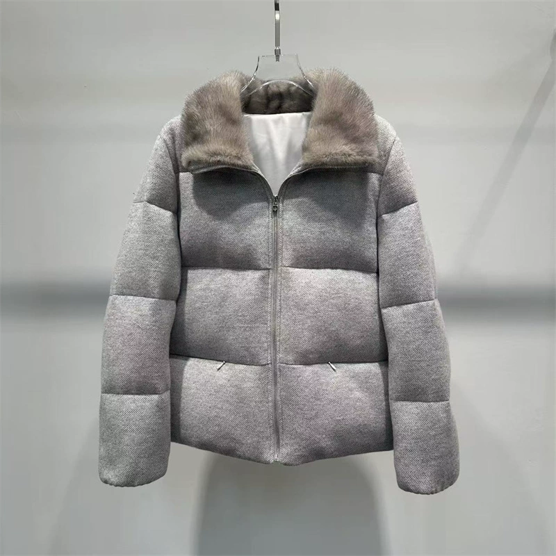 Элитная зимняя женская куртка из гусиного пуха с воротником из меха норки, новинка 2025 года, короткая, из шерсти и кашемира