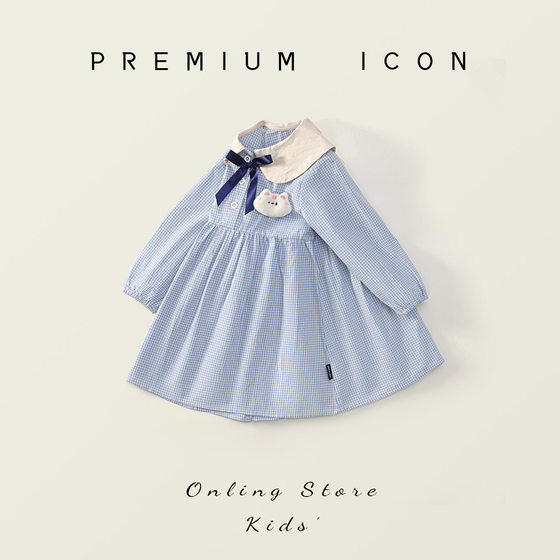 Girls blue plaid dress 2025 spring new female baby Korean lapel long sleeve skirt a generation of hair