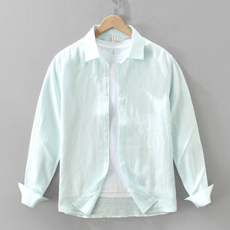 Men's pure linen solid color long-sleeve shirt, spring and autumn lightweight shirt, simple drop-shoulder loose fit, versatile casual jacket for men