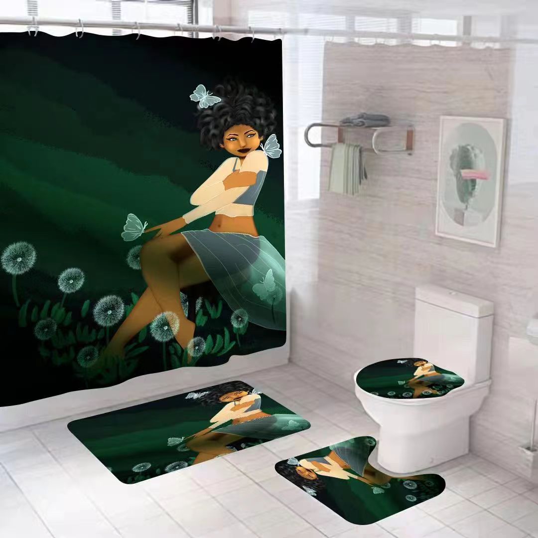 Amazon belleza africana impresión digital cuarto de baño cuatro piezas cortina de baño alfombra de suelo de poliéster impermeable secado rápido empalme antideslizante