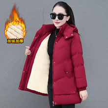 中年妈妈中长款加绒加厚保暖棉衣女冬季连帽可拆缷防风宽松棉服袄