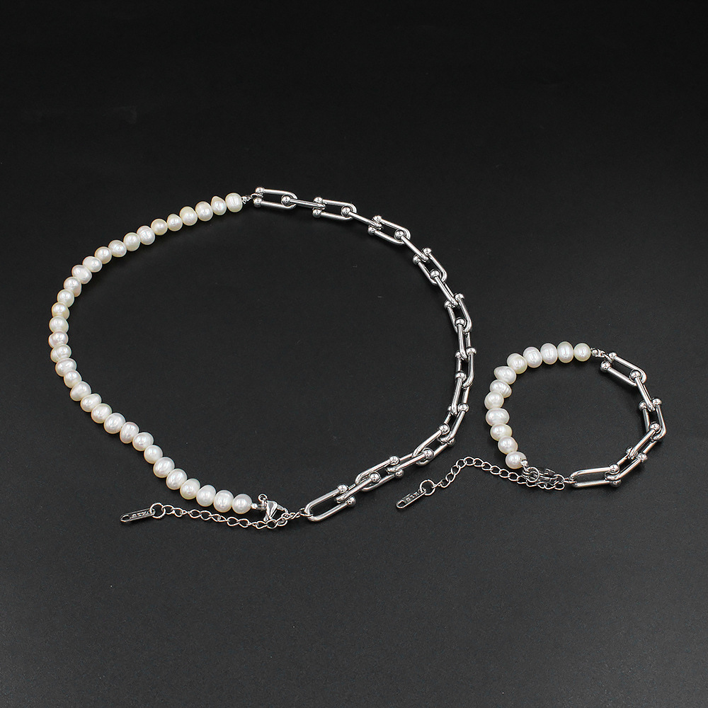 Retro Geometric Stainless Steel Pearl Bracelets Necklace 1 Piece