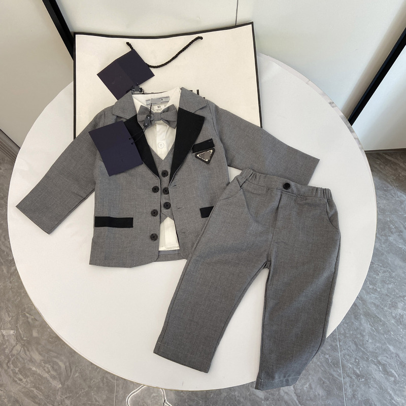 Baby Gentleman Suit Jacket + Shirt + Trousers + Tie 4-Piece Gray Handsome Boy Classy Dress Suit Baby Gentleman Suit Jacket + Shirt + Trousers + Tie 4-Piece Gray Handsome Boy Classy Dress Suit