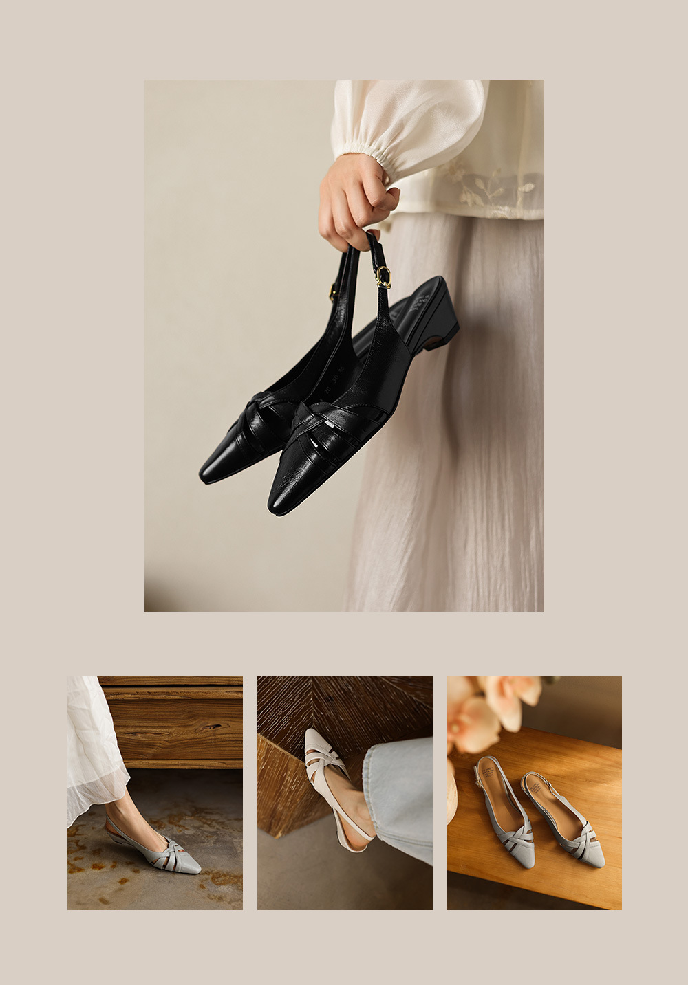 Sandal nữ da cừu gót dày 3 cm phong cách vintage dệt chéo hở mũi — đen chi tiết 1