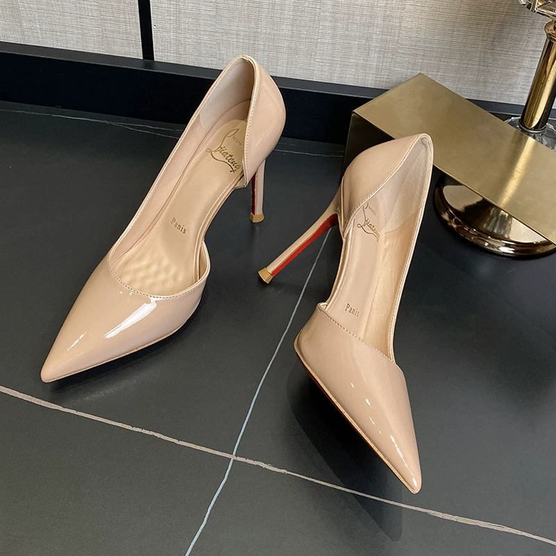 Nude side empty high heels for women red sole stiletto 2025 new pointed toe shallow mouth patent leather sexy temperament and beautiful single shoes