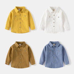 Children's Long-Sleeve Shirt 2023 New Arrival Boys Double Pockets Blouse Baby Long-Sleeve Square Collar Small Shirt One-Time Delivery