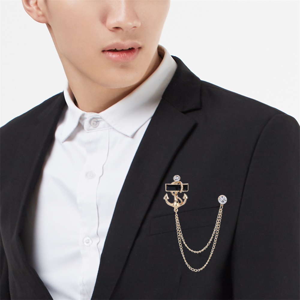 Men's Fashionable and Unique Black Gemstone Anchor Chain Tassel Brooch Chain Corsage Suit Lapel Pin Accessory
