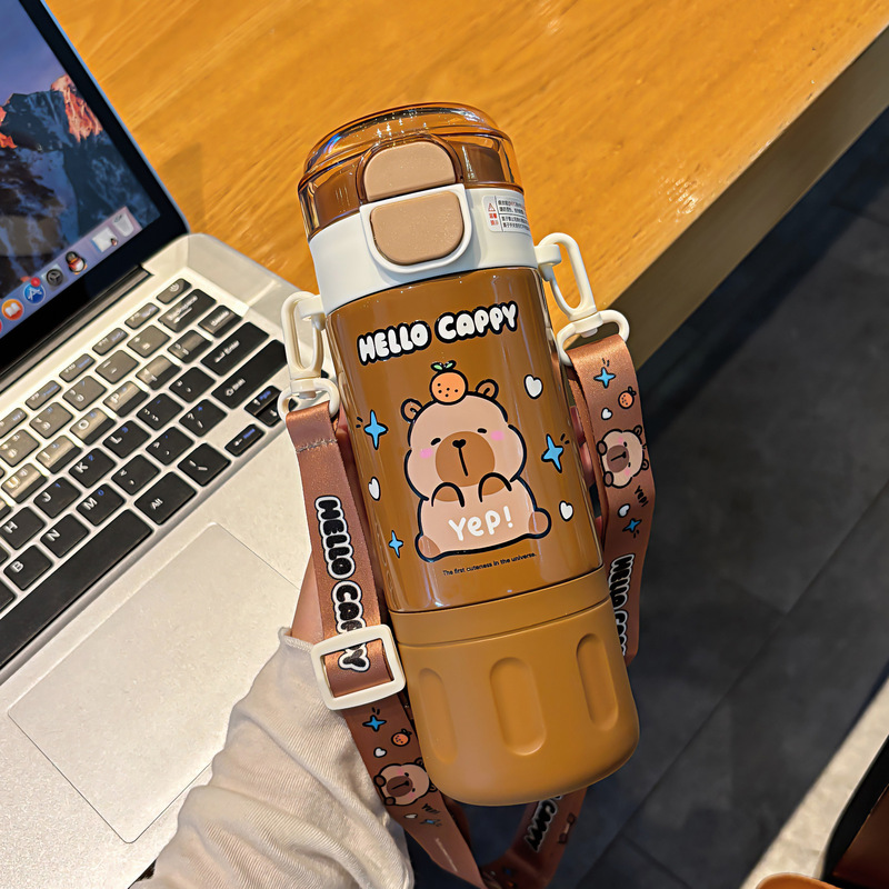 かわいいカピバラカップダブルドリンク学生魔法瓶カップ調節可能なカップロープ持ち運びが簡単シリコンノズルウォーターカップ|undefined