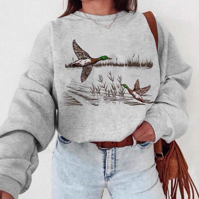 Foreign Trade Shein Autumn and Winter New Product Ink Wash Duck Fun Print Women's Casual Round Neck Long Sleeve Loose Sweatshirt