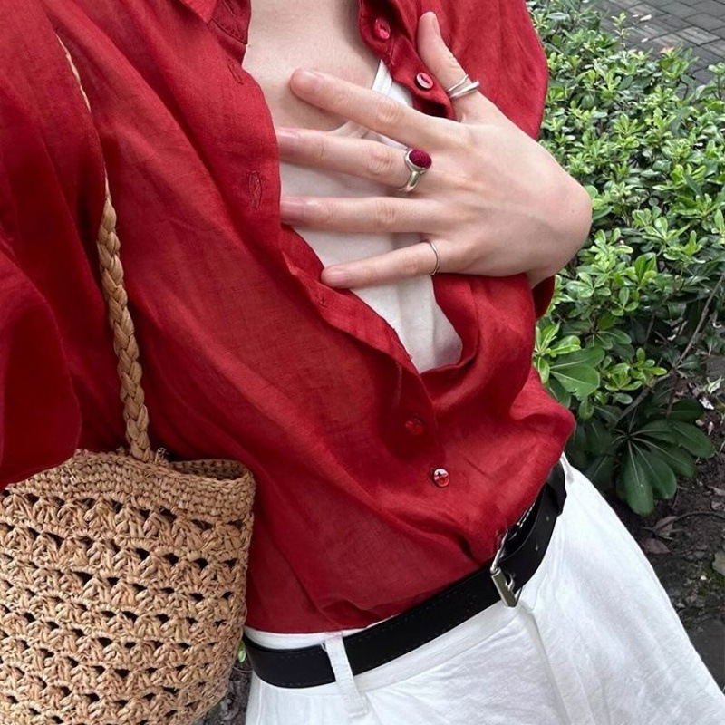 红色亚麻翻领晒衬衫女春秋薄款设计感衬衣小众长袖棉麻叠穿上衣|undefined