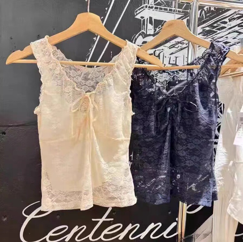 BM STyle New Lace Mesh VesT Women's Summer Design Slim Bow Sleeveless T-shirT V Neck Top