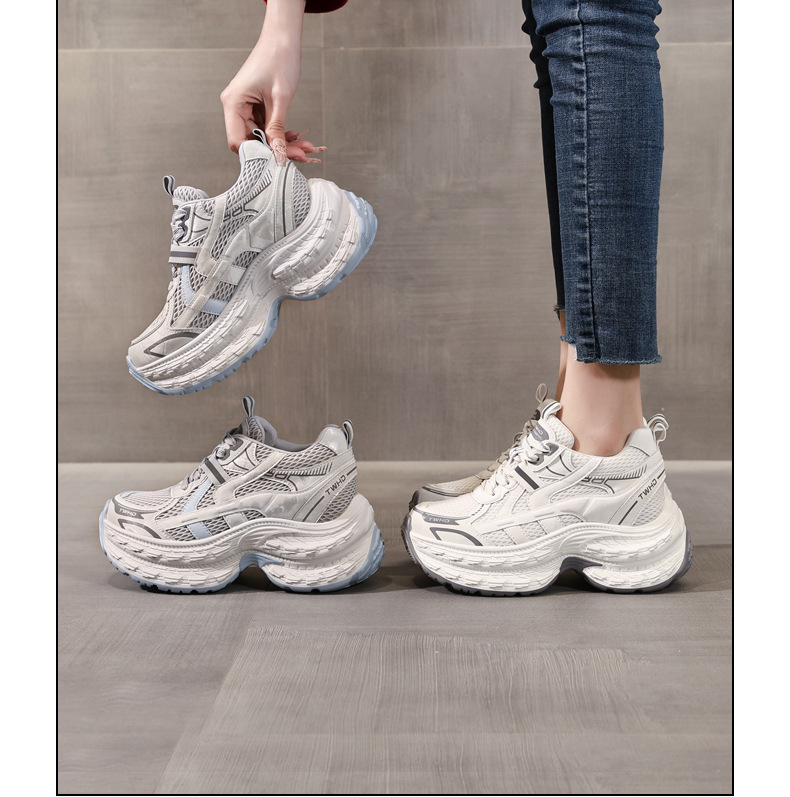 Giày sneaker nữ chunky đế dày lưới thoáng khí tăng chiều cao — màu be chi tiết 16