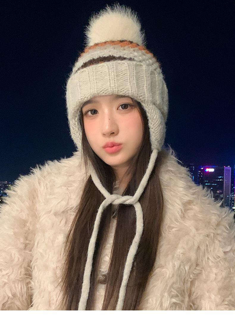 New Retro Fair Isle Style Warm Thickened Fleece-Lined Winter Knitted Hat, Cold-Proof Ear Protection, Tie-Up Wool Hat_voghion.com