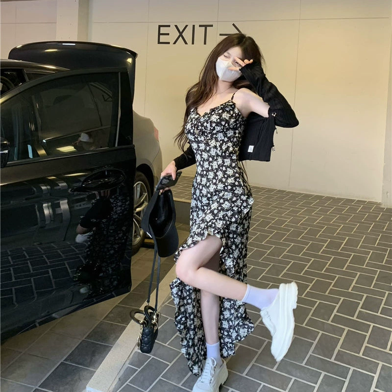 Нерегулярный с расколотым цветочным ремнем платье женское лето новый ретро с обрезкой среднего и длинного платья юбка