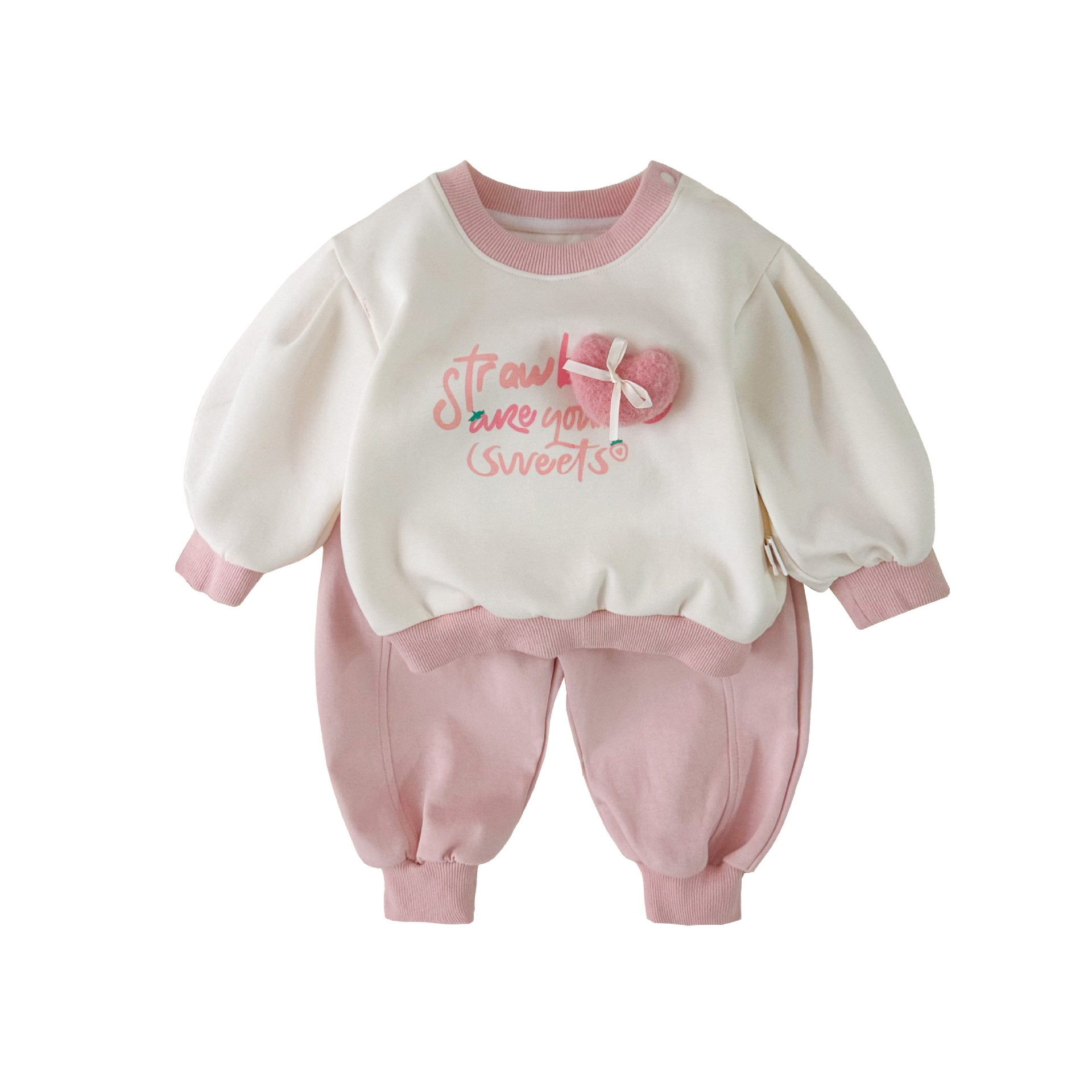 Versión coreana de la ropa para niños primavera nuevo producto traje de bebé dibujos animados felpa amor suéter pantalones mujer ropa de bebé traje de dos piezas