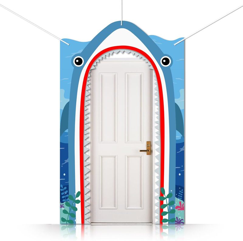 Shark Party Porch Banner No-Punch Ocean Birthday Photo Booth Props Door Curtain Cartoon Shading Door Curtain
