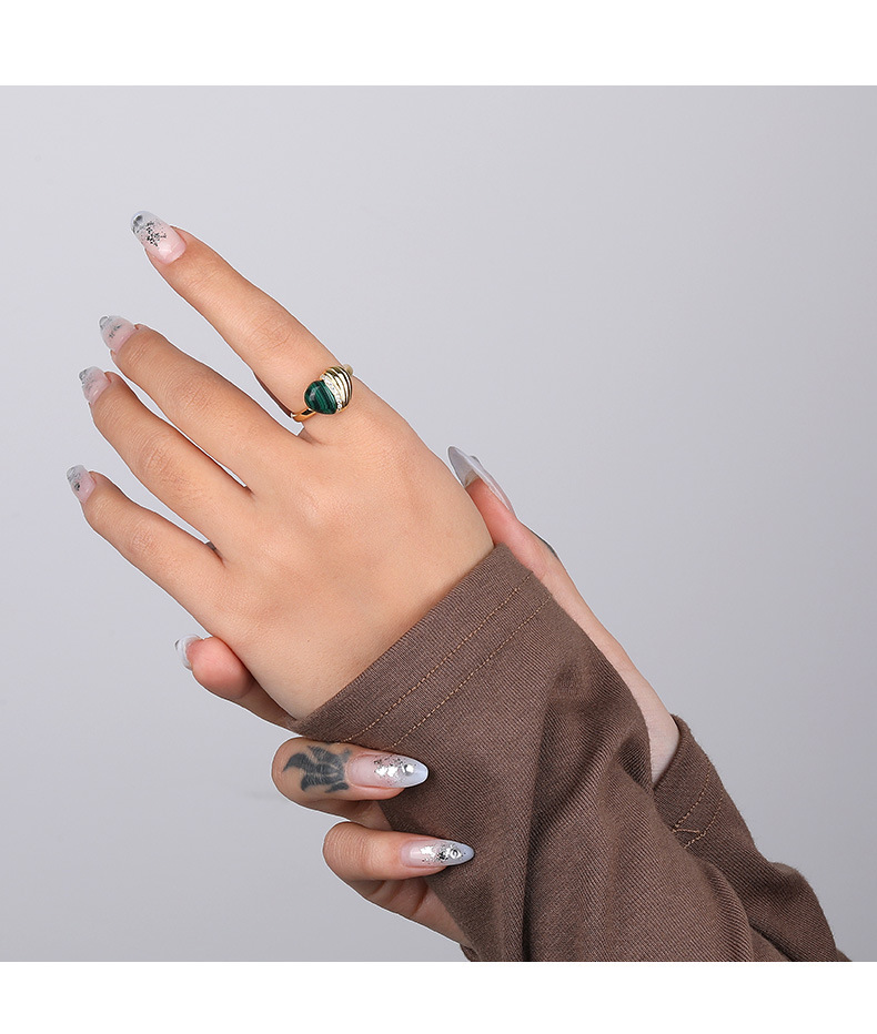 fashion s925 silver geometric heart malachite opening adjustable ring