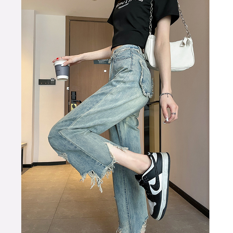 破洞直筒牛仔褲女夏季薄款2023年新款高腰寬鬆小個子九分闊腿褲子