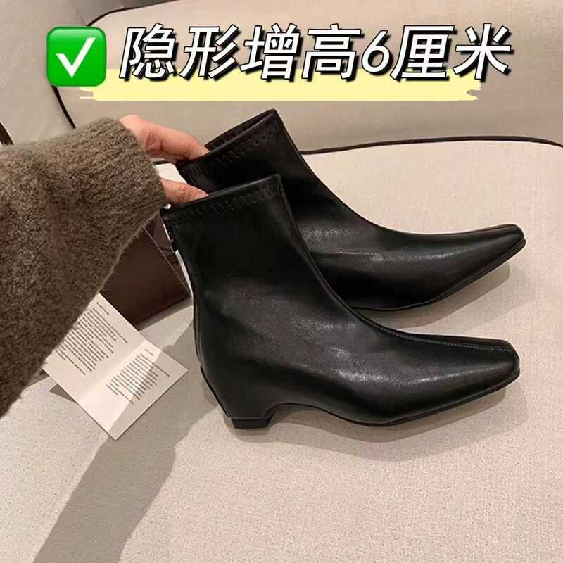 French Retro High Boots with 6cm Height Increase for Petite Women, Elastic Slim Boots with Back Zipper and Kitten Heel Ankle Boots for Women French Retro High Boots with 6cm Height Increase for Petite Women, Elastic Slim Boots with Back Zipper and Kitten Heel Ankle Boots for Women