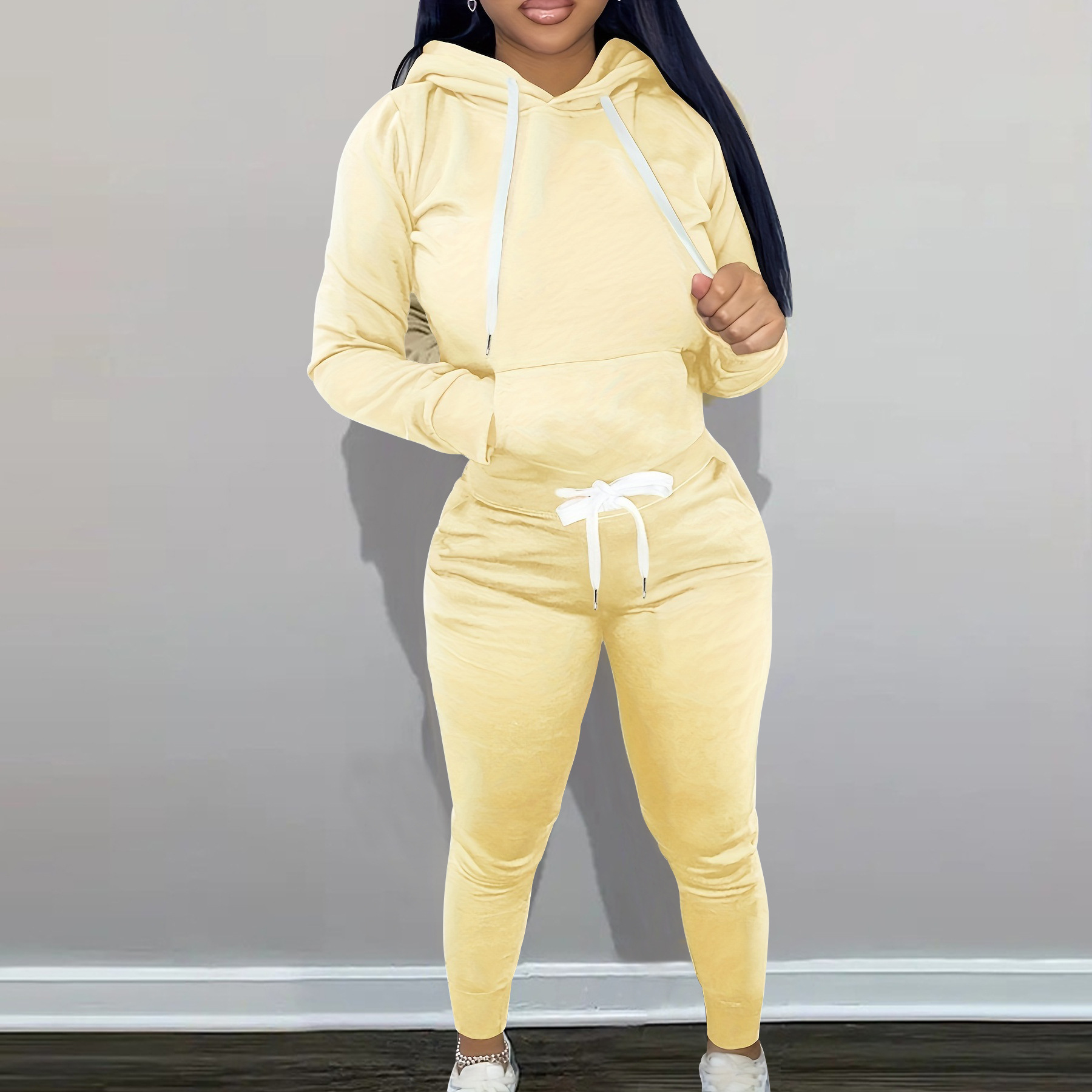 Dames herfstmode dames commuter effen kleur top slanke broek met capuchon, casual tweedelig pak_voghion.com