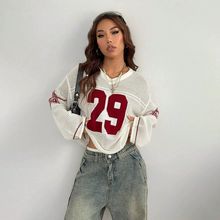跨境欧美新款时尚休闲街头潮流数字印花V领长袖镂空针织毛衣女