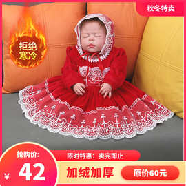 27690#加绒加厚礼服婴儿百日周岁丝绒公主裙宝宝满月裙蕾丝连衣裙