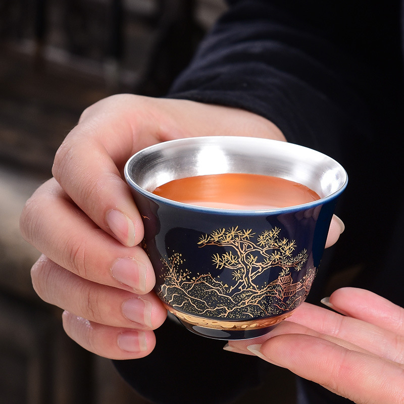 Gilt Silver Tea Cup 999 Sterling Silver Liner Kung Fu Tea Set Ceramic Silver Cup Master Cup Single Cup Tea Cup Small Tea Cup