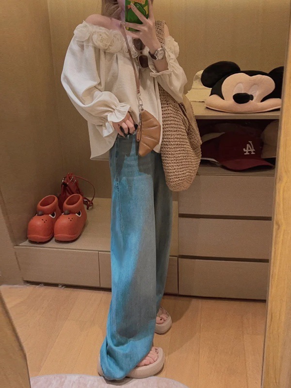 浅蓝高腰牛仔裤女秋季2025宽松直筒复古百搭显瘦垂感阔腿加长裤子|undefined