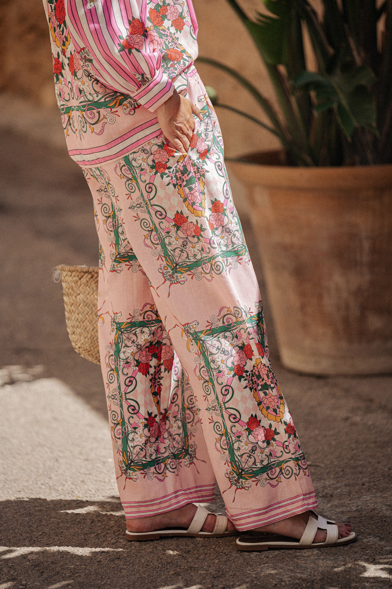 Stripe, Flower Pattern Spring, Autumn Season Holiday Women's Casual Streetwear Stripe Flower Polyester Printing Button Pant Co-ord Set Pants Sets