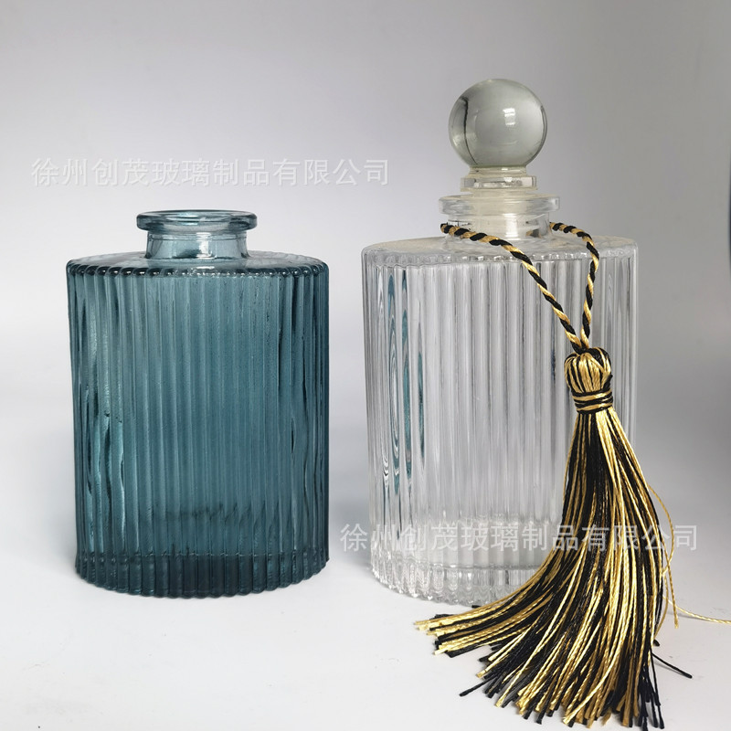 批发颜色香薰瓶 玻璃空瓶 扩香卡口扁椭圆竖条无火干花藤条果酒瓶