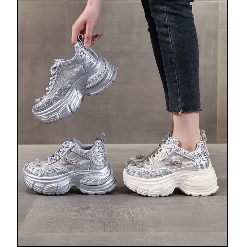 Giày sneaker nữ chunky đế dày đính đá phong cách thể thao — Màu trắng chi tiết 17
