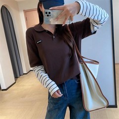 HX991复古美拉德纯棉亲肤假两件条纹拼接长袖针织Polo衫2025秋