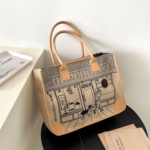 Starbucks linen shoulder bag for women cross-border fashion comic style handbag foreign trade large capacity armpit bag