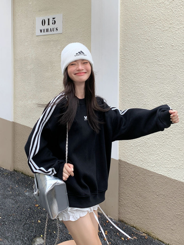 宋正恩三条杠蝴蝶结黑色卫衣女2025秋季新款韩系长袖上衣外套|undefined