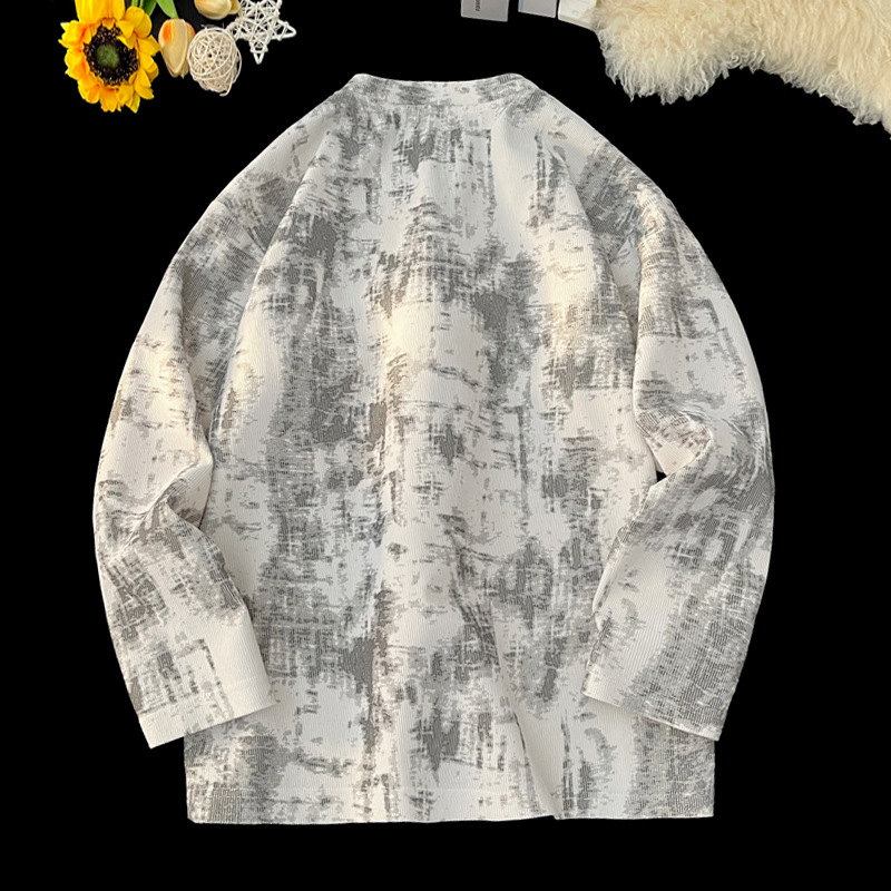 Corduroy Tie-dye V-neck Long-sleeve Men's T-shirt, Autumn Niche Design, Base Layer Shirt, American Retro Top_voghion.com
