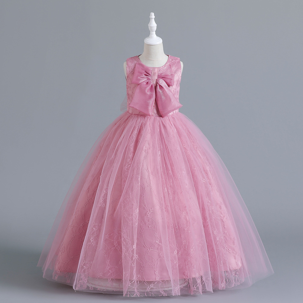 Niñas de encaje arco grande cumpleaños etapa rendimiento vestido de noche medio y grandes niños rendimiento largo mullido vestido lote