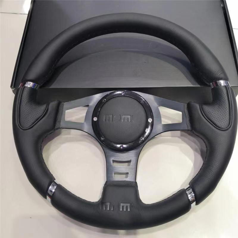 Universal Modified Car Genuine Leather Smooth Steering Wheel Racing 14 inch PU Universal (Steering wheel) - black-bracket-black-line