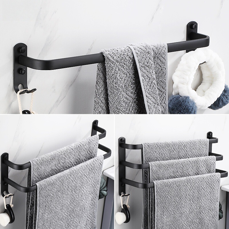 No-Drill Space Aluminum Towel Rack Towel Bar Single Rod Bathroom Three-Rod Hanging Rod Bathroom Black Nordic Creative No-Drill Space Aluminum Towel Rack Towel Bar Single Rod Bathroom Three-Rod Hanging Rod Bathroom Black Nordic Creative