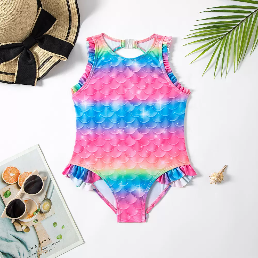 跨境美人鱼泳衣2023女童连体鱼鳞游泳衣