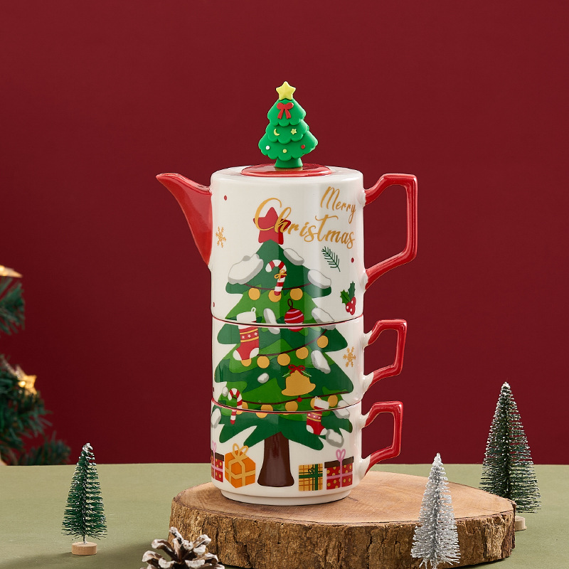 Ins tetera de cerámica navideña Amazon venta caliente regalos especiales de Navidad una olla dos tazas juego de té chapado en oro