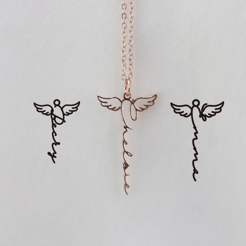Custom Name Necklace with Angel Wings, Personalized Necklace with Name, Gift for Her, Christmas Gift
