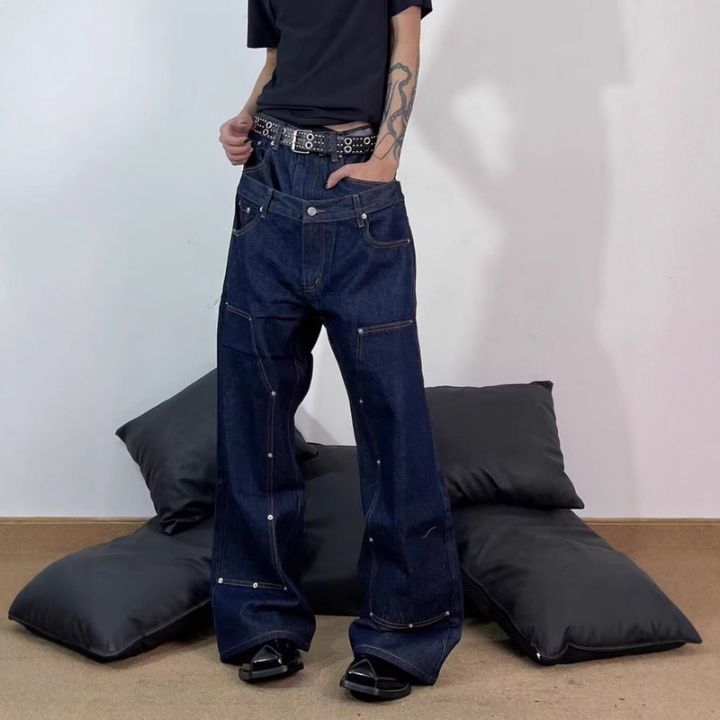 American Retro Rivet Faux Two-Piece Jeans for Men, Autumn Street Versatile Fashion Double Waistband Lumberjack Wide-Leg Pants