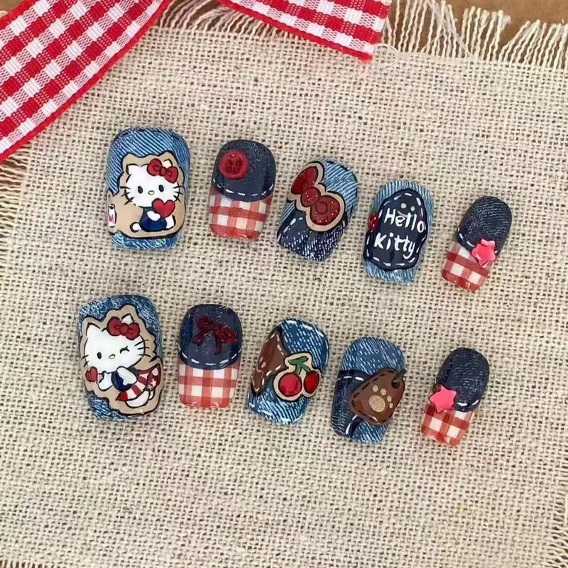 Spring and Autumn Cute Cartoon Hand-Painted Denim Nail Art Wearable Removable Student Short Style Kt Cat Simple Stickers Wholesale