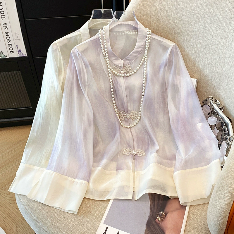 Фактический снимок новой женской легкой рубашки в китайском стиле из тенселя, размазанной новой рубашки в китайском стиле, солнцезащитная одежда в китайском стиле, улучшенная ретро-стиль