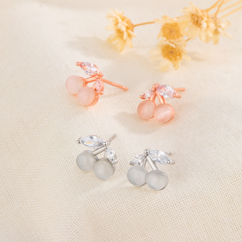 耳飾女櫻桃貓眼石耳釘女S925銀簡約小巧可愛氣質甜美ins耳釘