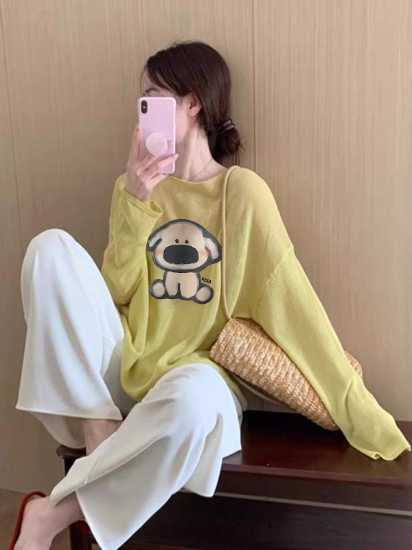 黄色轻薄微透防晒衣宽松罩衫长袖T恤女秋季新款休闲百搭上衣|undefined
