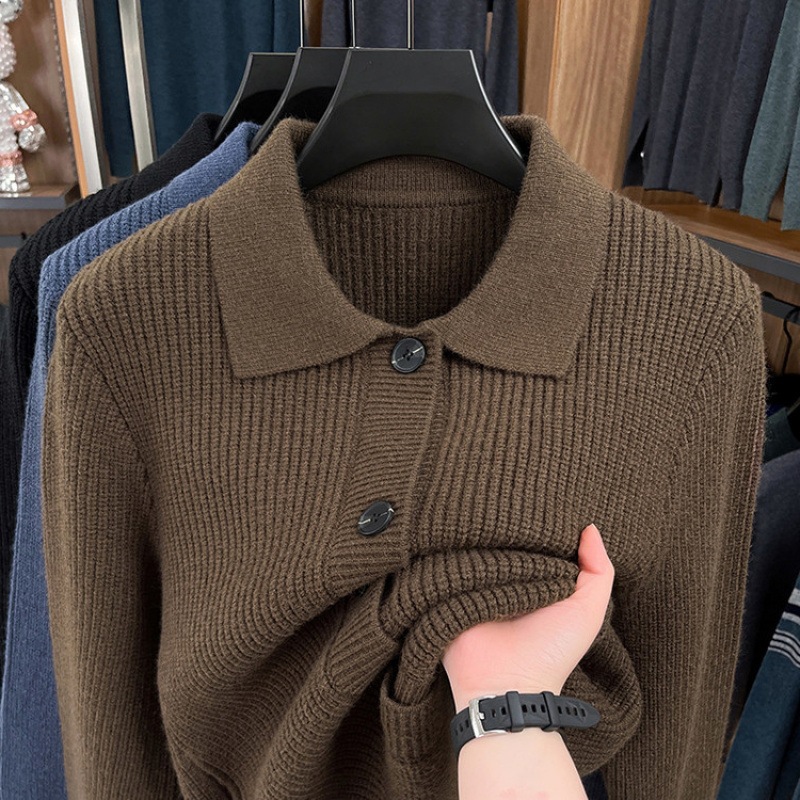 Men's Thickened Cardigan 2025 Autumn and Winter Fashion Lapel Sweater for Middle-Aged and Elderly Dads Solid Color Versatile Knitted Cardigan