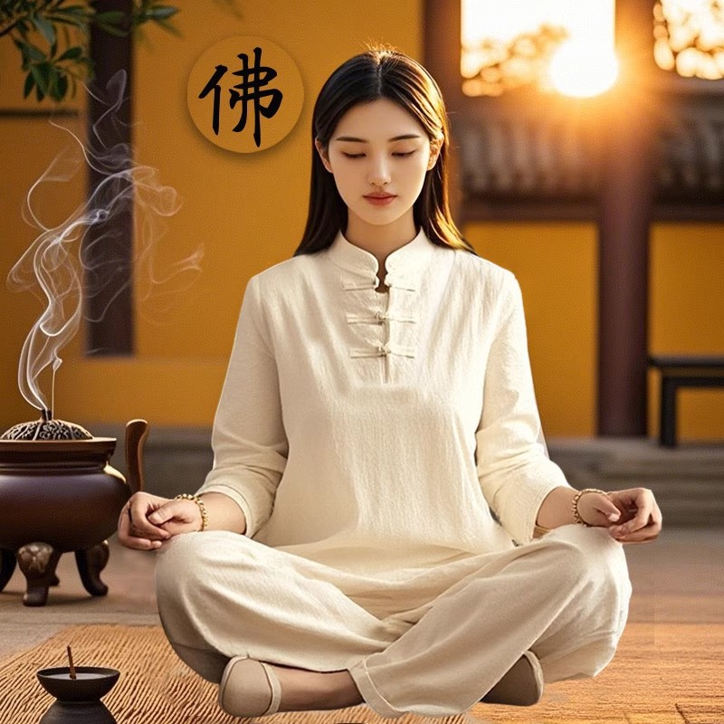 打坐修行居士服女款禅意佛系中国风棉麻素衣套装寺院拜佛禅修服夏